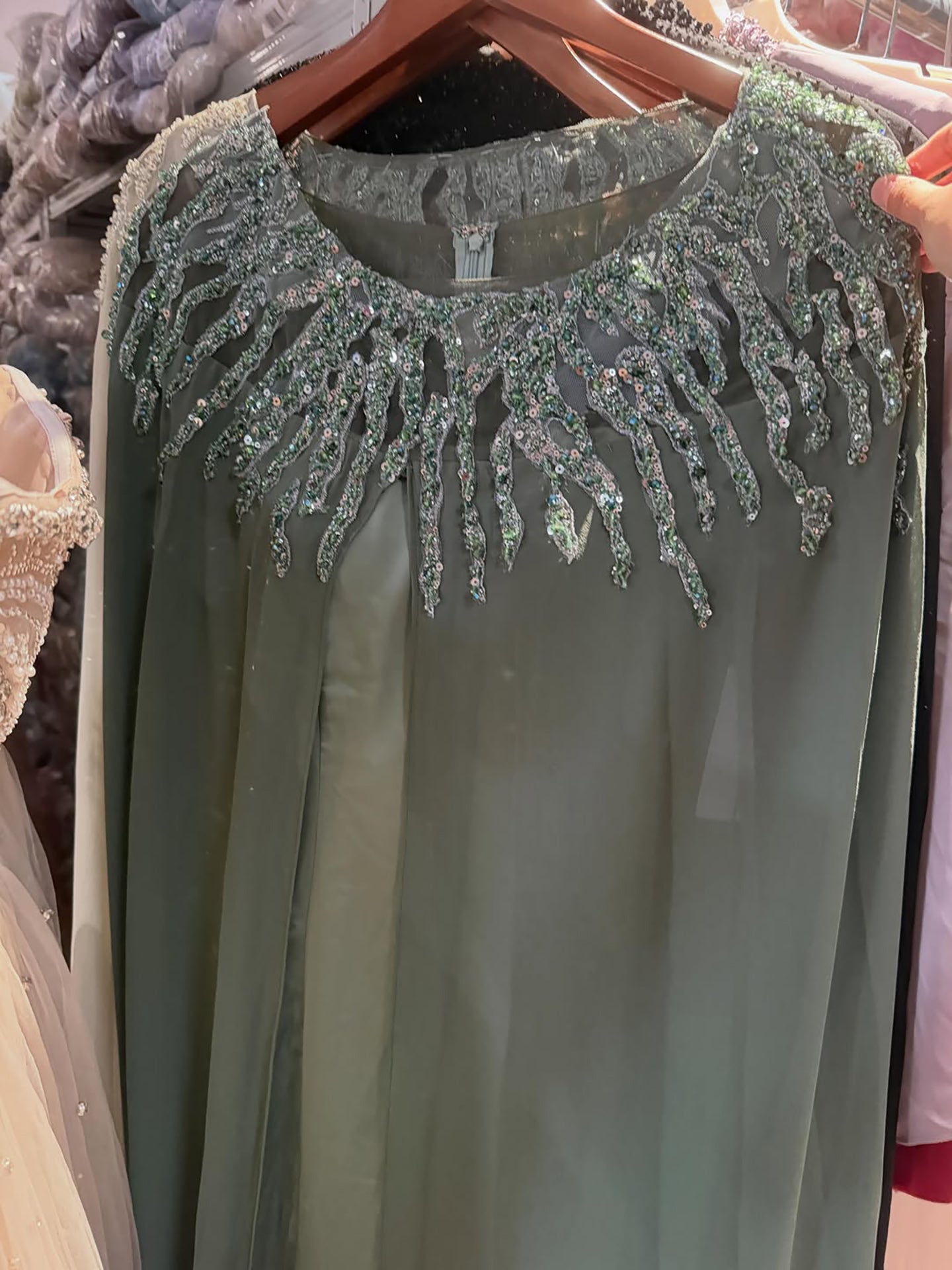 Luxury Green Beaded Cape Long Sleeve Satin Mermaid Dress LA73683 SERENE HILL
