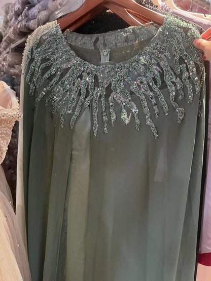 Luxury Green Beaded Cape Long Sleeve Satin Mermaid Dress LA73683 SERENE HILL