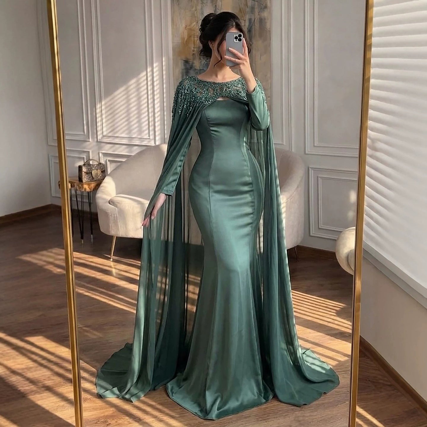 Luxury Green Beaded Cape Long Sleeve Satin Mermaid Dress LA73683 SERENE HILL