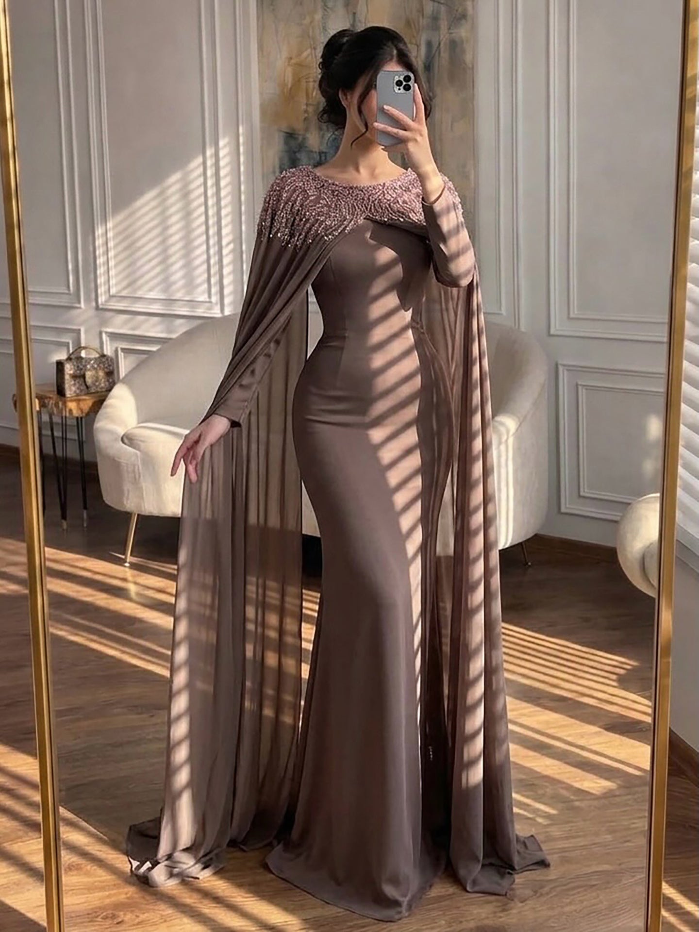 Luxury Green Beaded Cape Long Sleeve Satin Mermaid Dress LA73683 SERENE HILL
