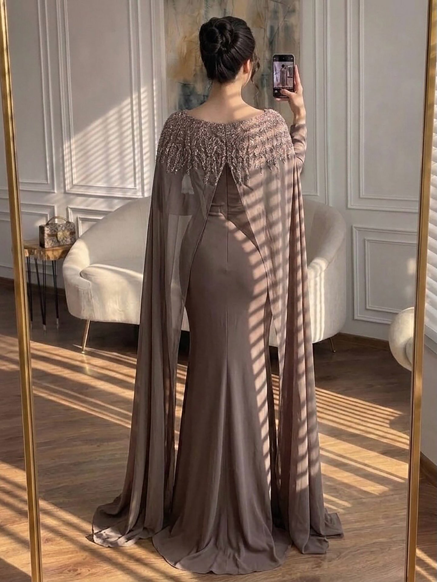 Luxury Green Beaded Cape Long Sleeve Satin Mermaid Dress LA73683 SERENE HILL