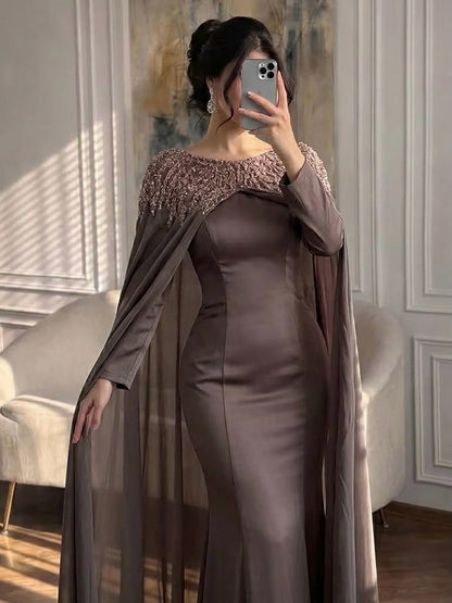 Luxury Green Beaded Cape Long Sleeve Satin Mermaid Dress LA73683 SERENE HILL