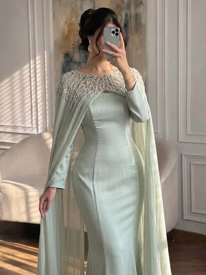 Luxury Green Beaded Cape Long Sleeve Satin Mermaid Dress LA73683 SERENE HILL
