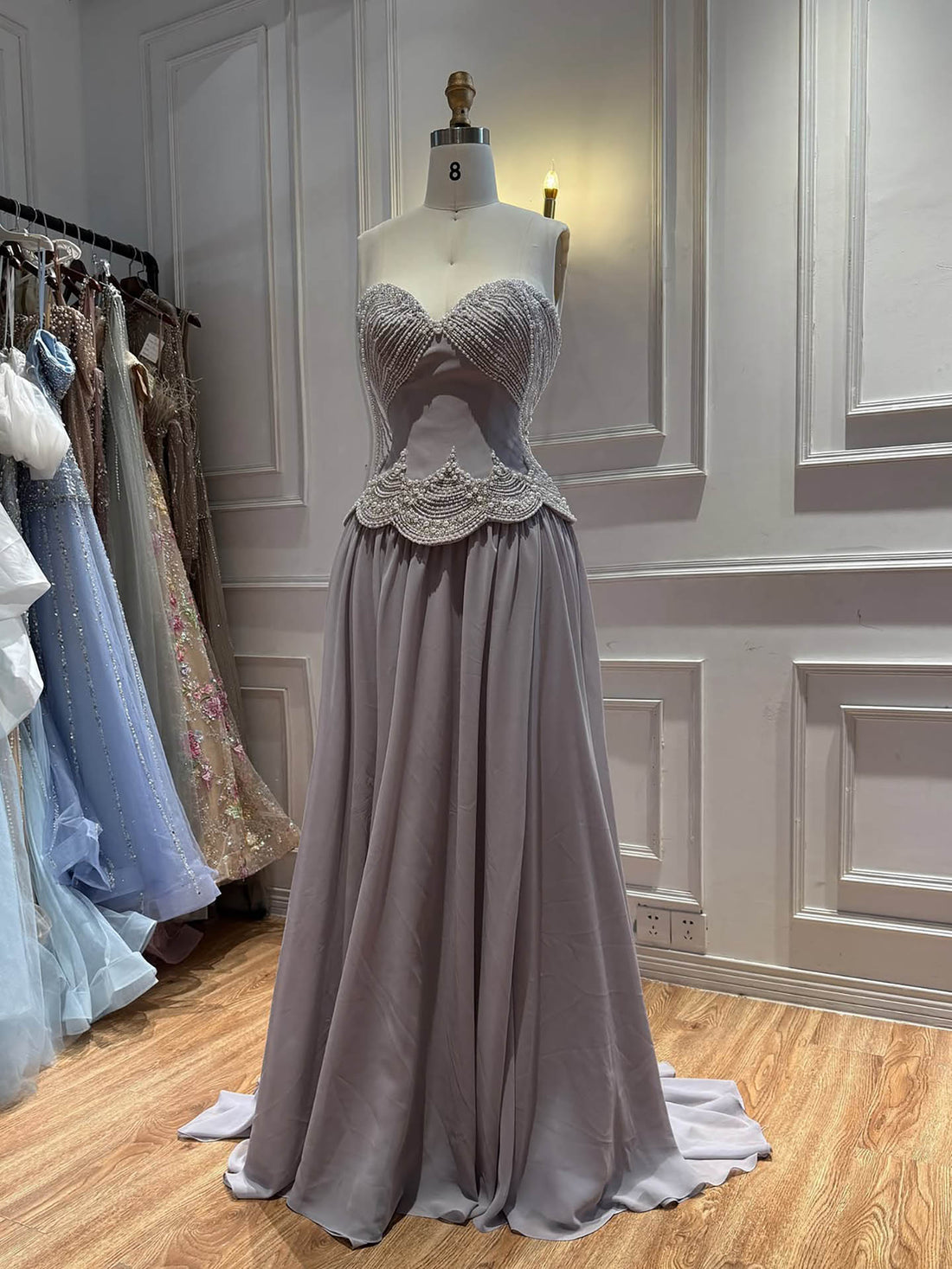 Luxury Gray Pearl Beaded Strapless A-Line Evening Dress LA73684