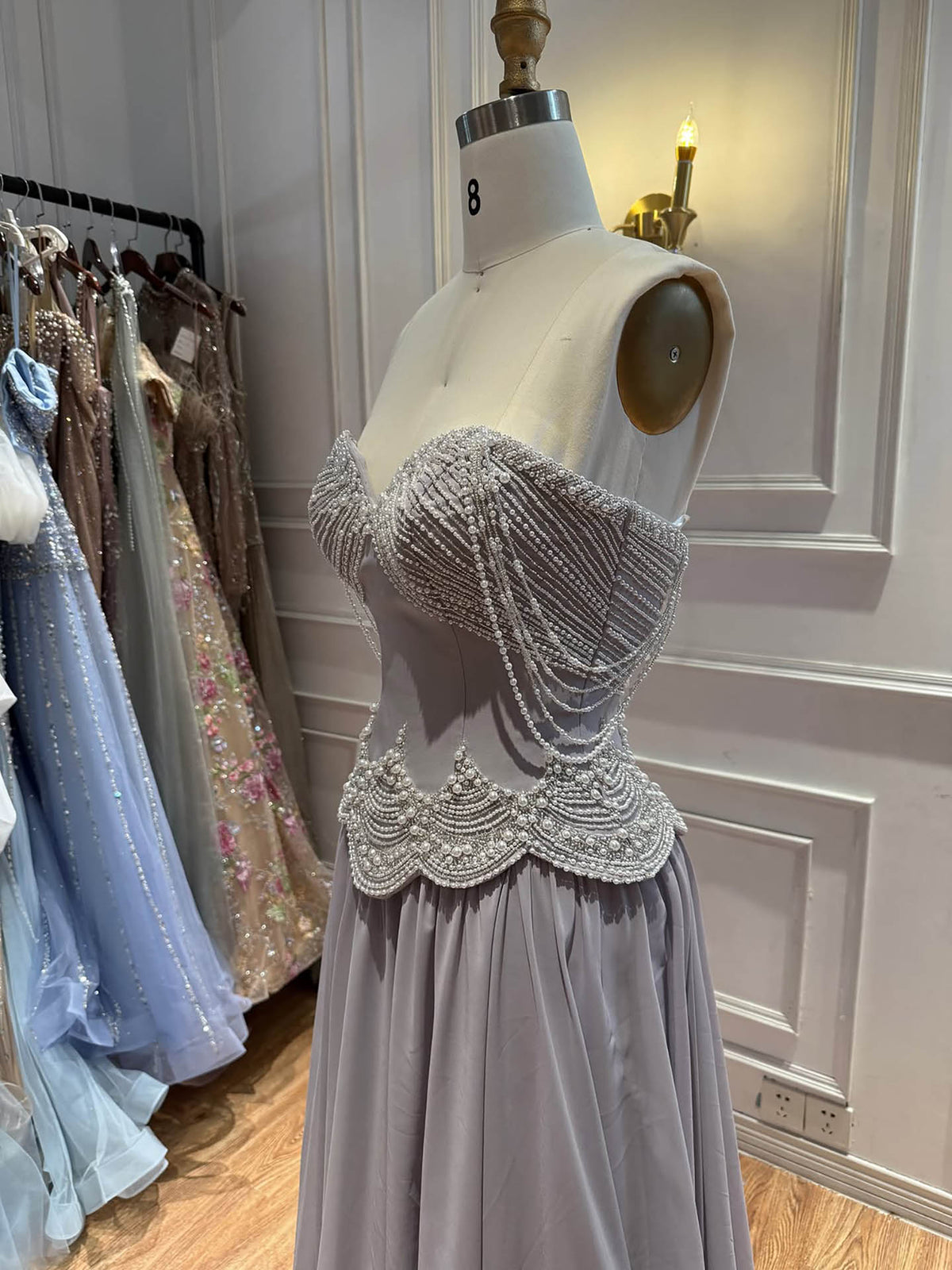 Luxury Gray Pearl Beaded Strapless A-Line Evening Dress LA73684