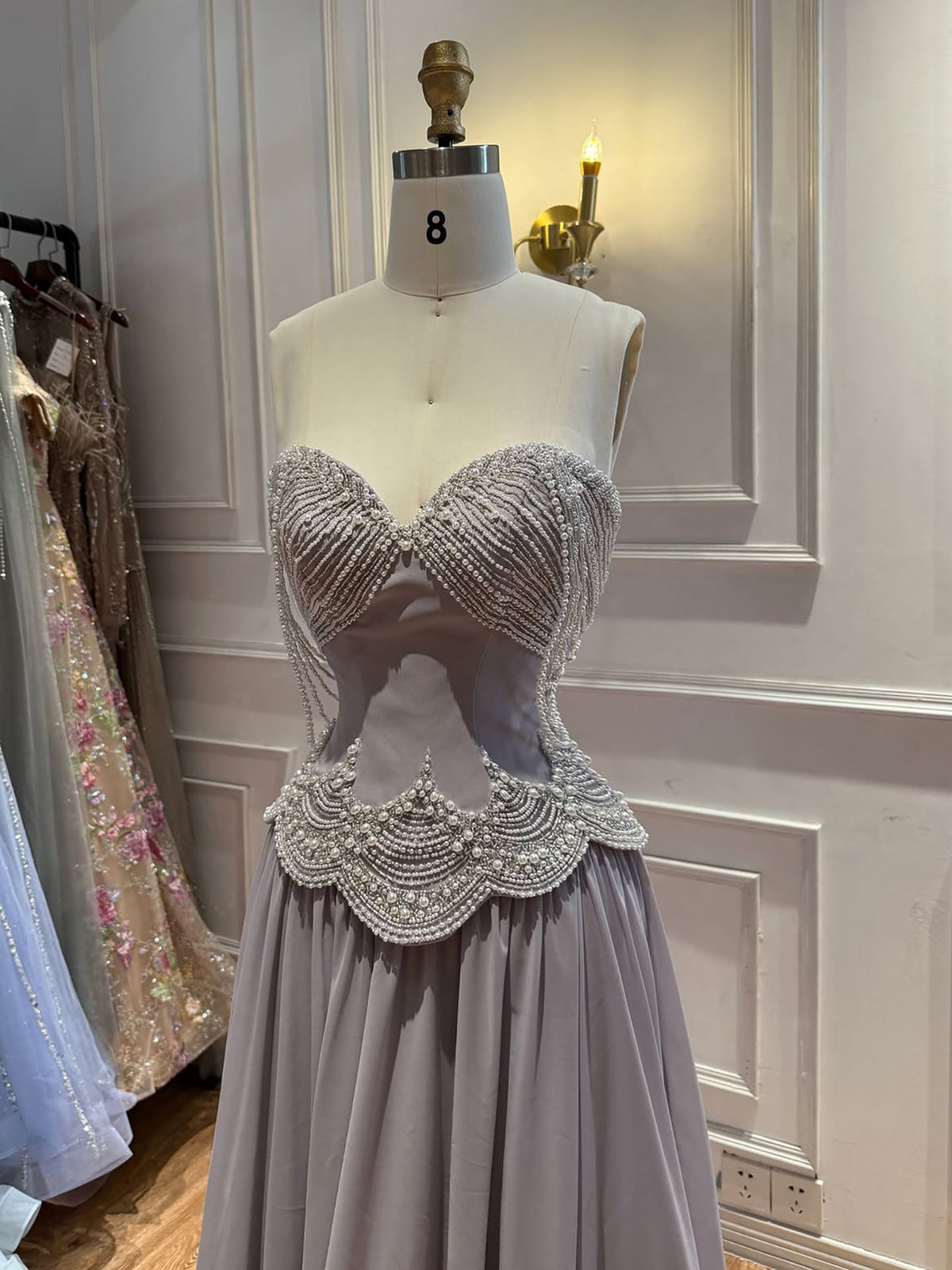 Luxury Gray Pearl Beaded Strapless A-Line Evening Dress LA73684