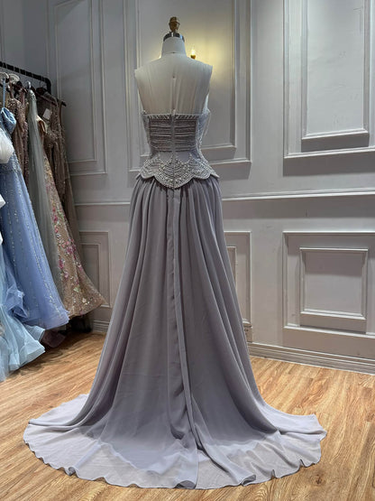 Luxury Gray Pearl Beaded Strapless A-Line Evening Dress LA73684