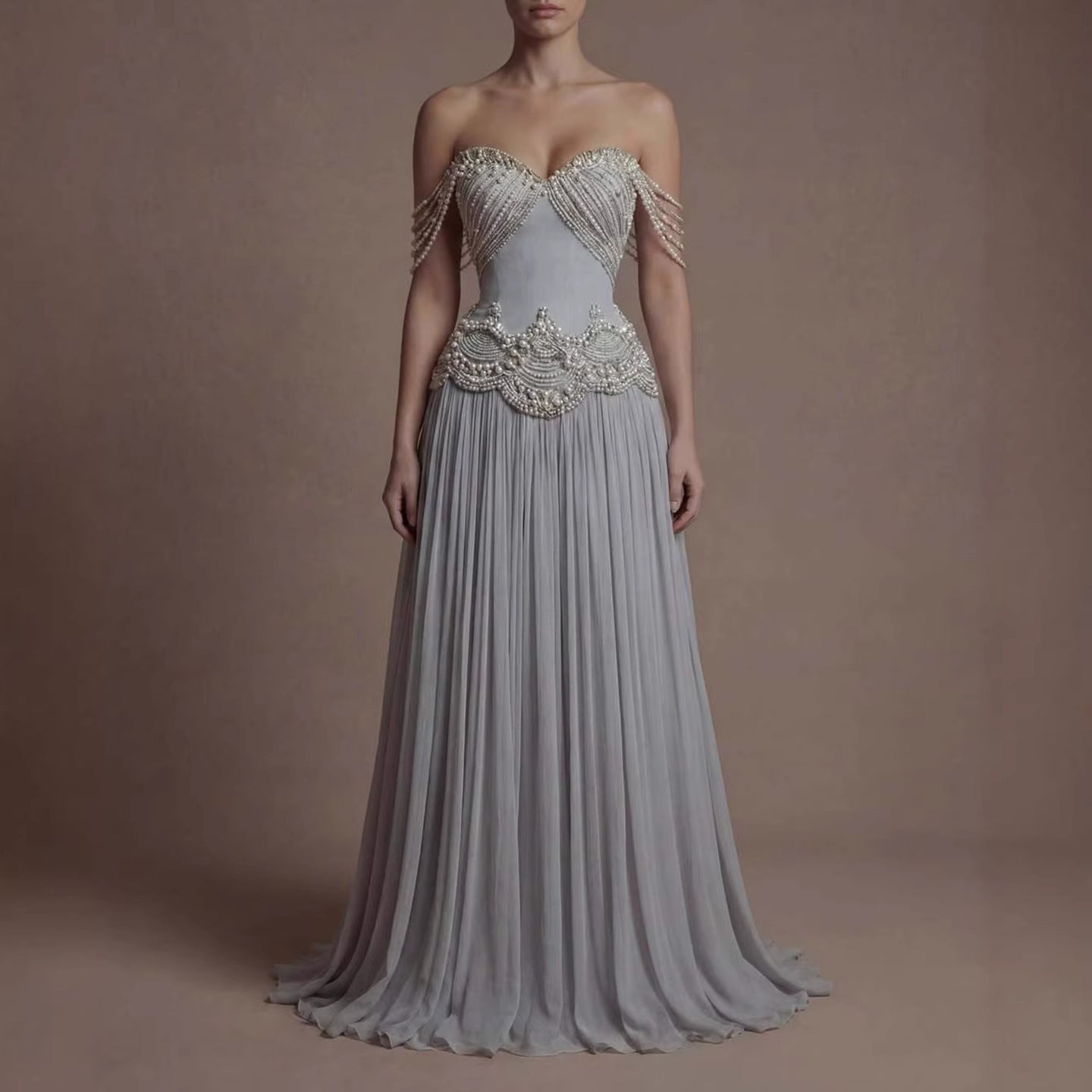 Luxury Gray Pearl Beaded Strapless A-Line Evening Dress LA73684 - SERENE  HILL