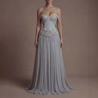 Luxury Gray Pearl Beaded Strapless A-Line Evening Dress LA73684 - SERENE  HILL