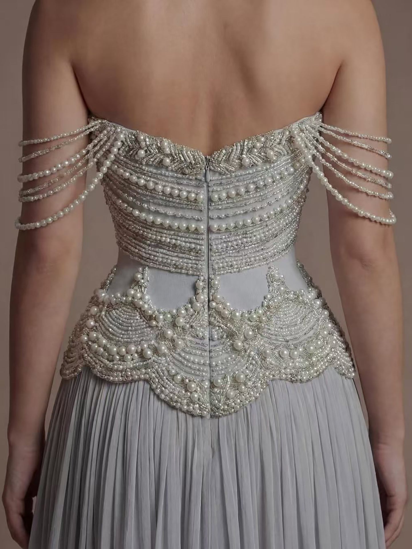 Luxury Gray Pearl Beaded Strapless A-Line Evening Dress LA73684 - SERENE  HILL