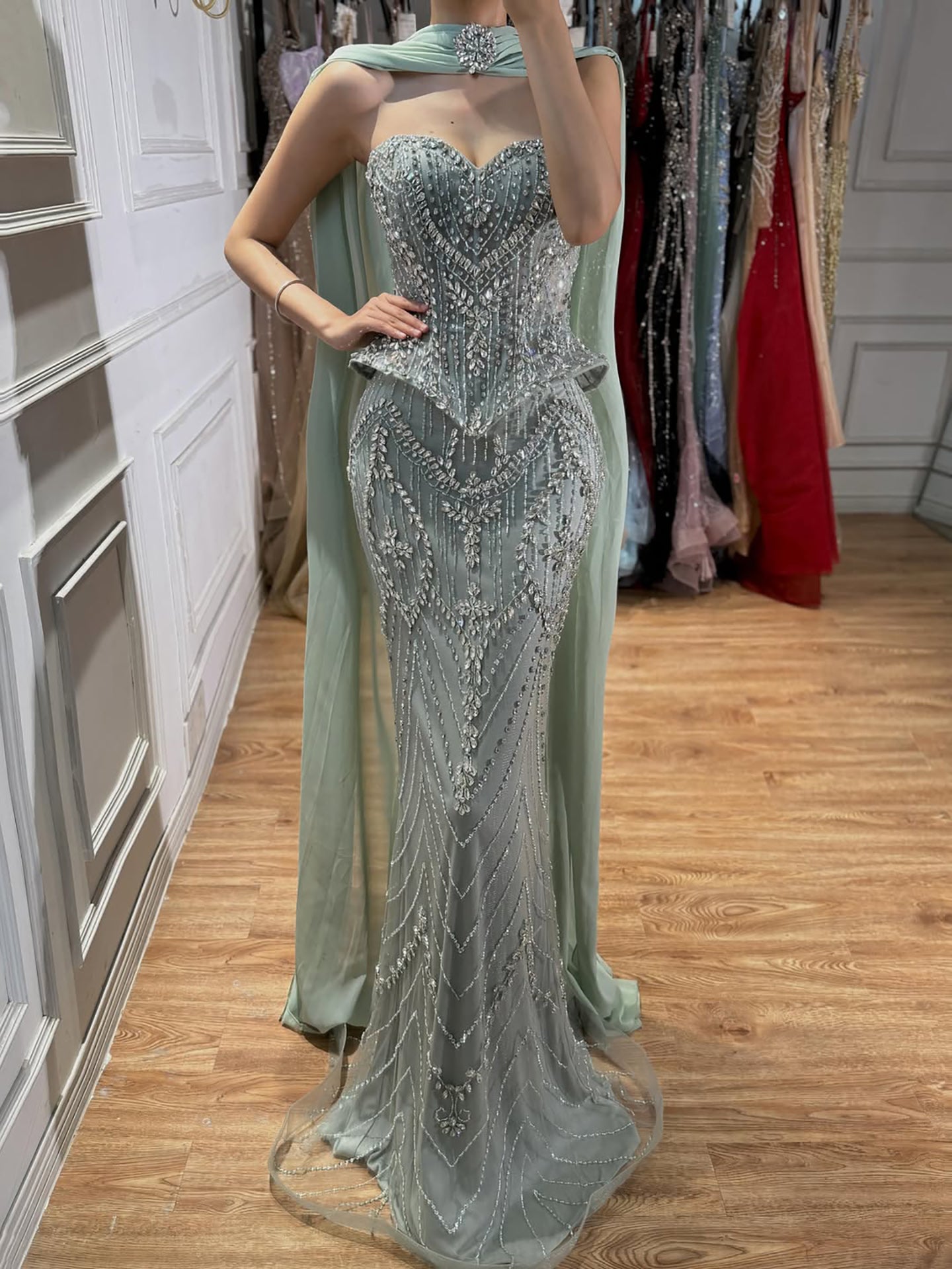 Luxury Nude Crystal Beaded Mermaid Evening Dress LA73686 SERENE HILL