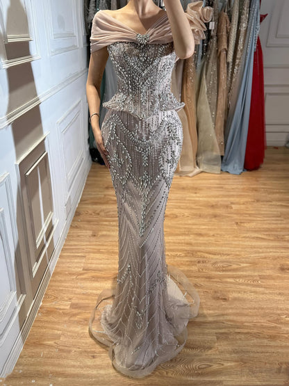 Luxury Nude Crystal Beaded Mermaid Evening Dress LA73686 SERENE HILL
