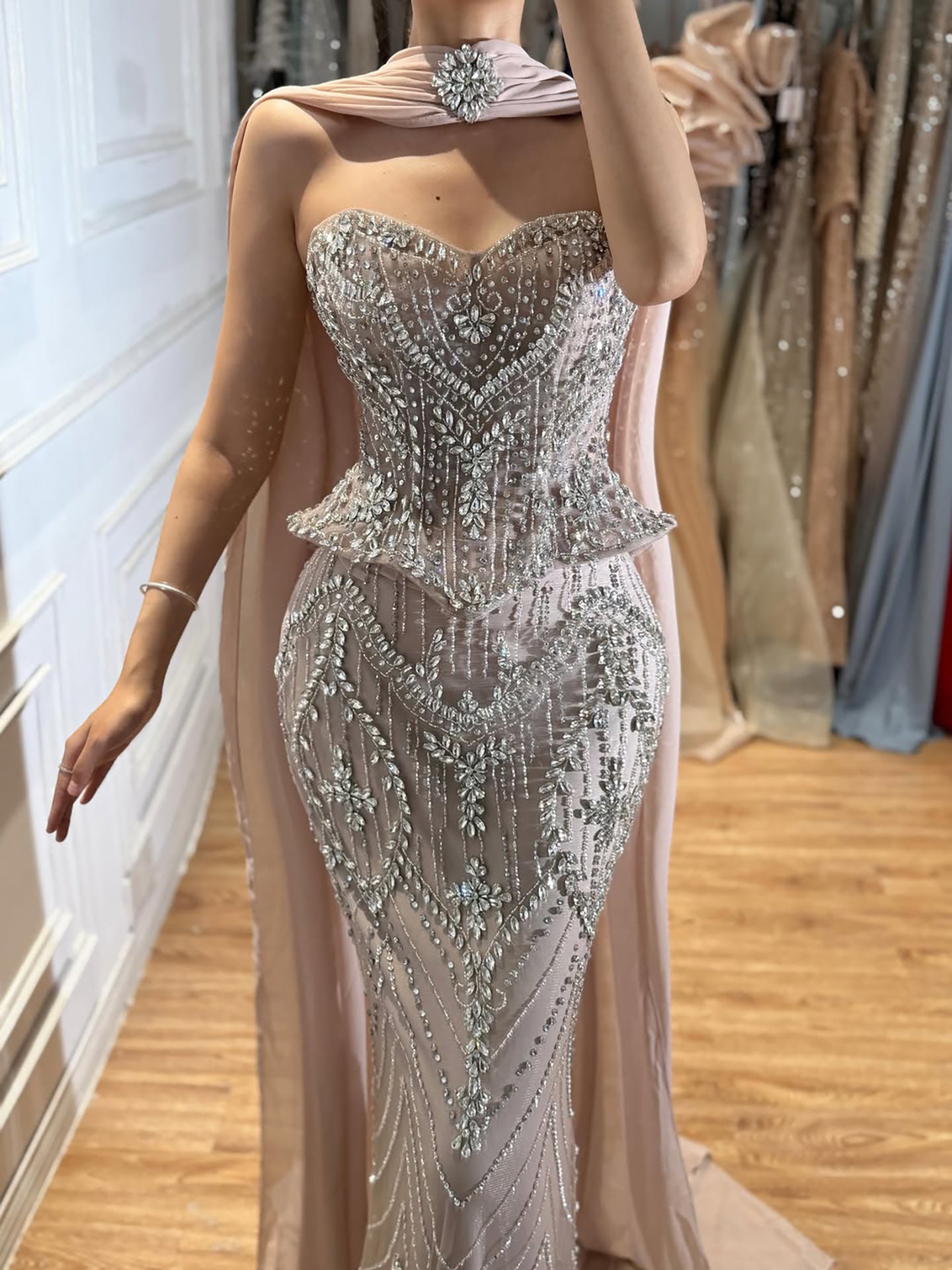 Luxury Nude Crystal Beaded Mermaid Evening Dress LA73686 SERENE HILL