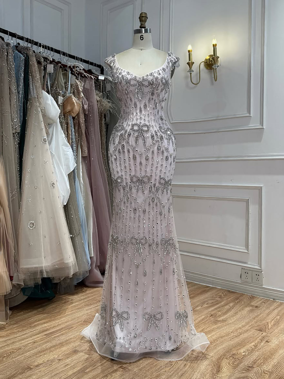 Luxury Pink Crystal Tassel Beaded Bow Mermaid Evening Dress LA73696A SERENE HILL