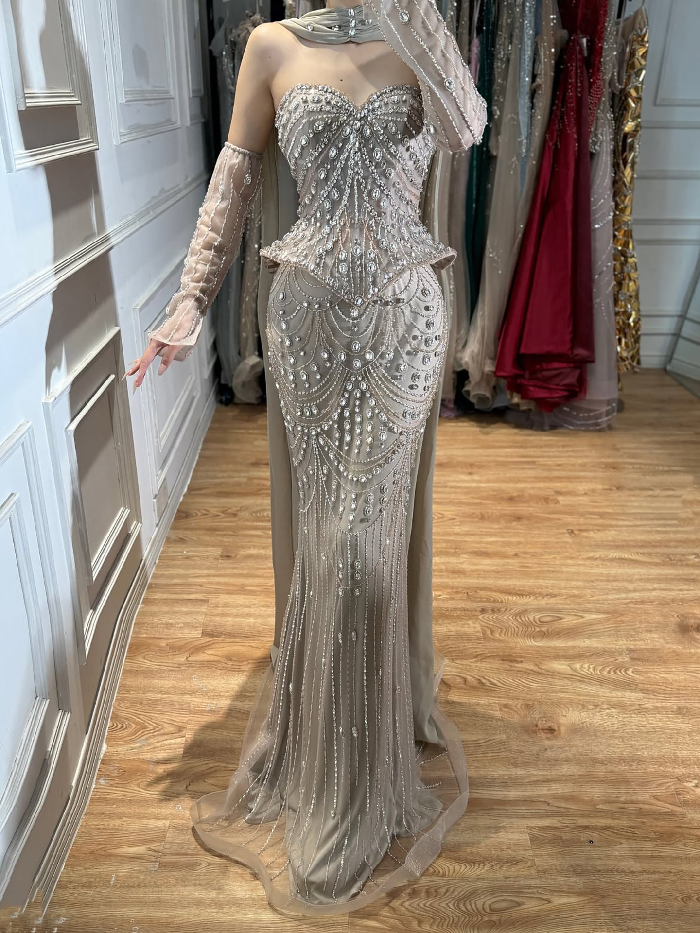 Luxury Caramel Crystal Beaded Mermaid Off Shoulder Evening Dress LA73686A SERENE HILL
