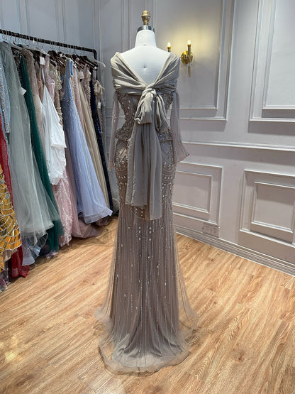 Luxury Nude Crystal Beaded Mermaid Off Shoulder Evening Dress LA73686A SERENE HILL