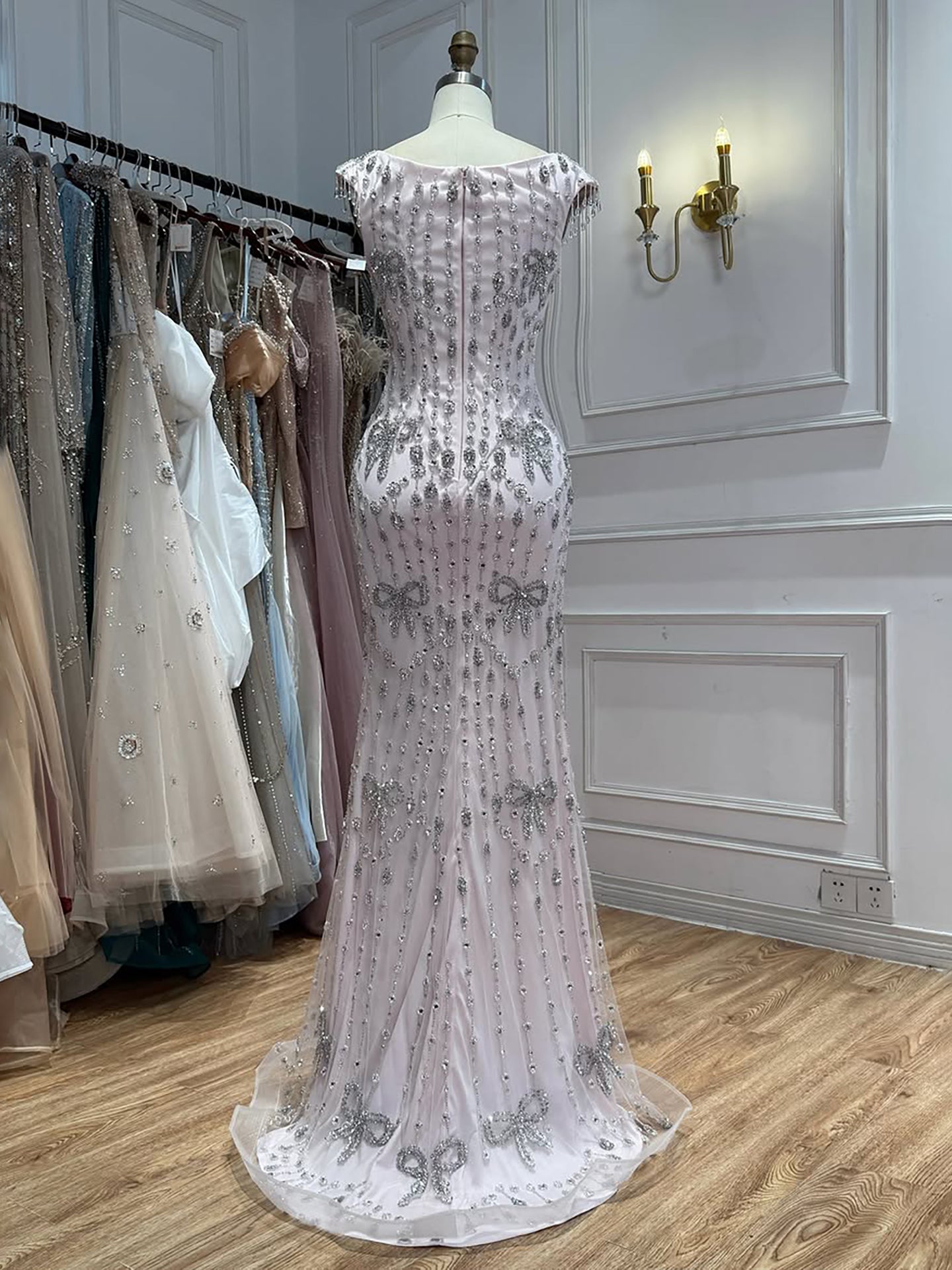 Luxury Pink Crystal Tassel Beaded Bow Mermaid Evening Dress LA73696A SERENE HILL