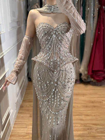 Luxury Caramel Crystal Beaded Mermaid Off Shoulder Evening Dress LA73686A SERENE HILL