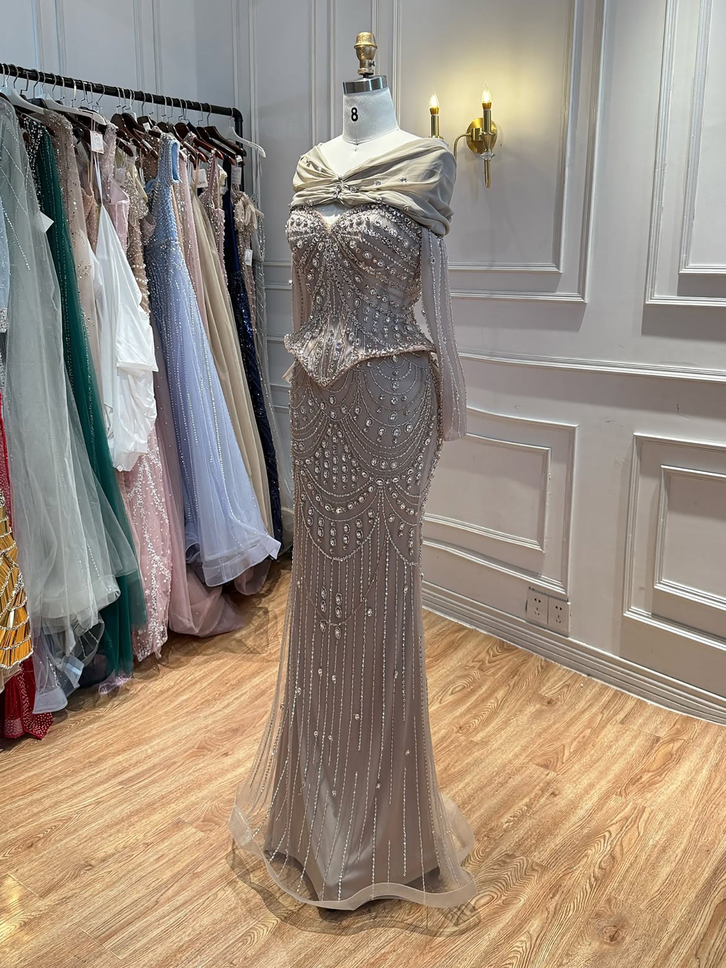 Luxury Nude Crystal Beaded Mermaid Off Shoulder Evening Dress LA73686A SERENE HILL