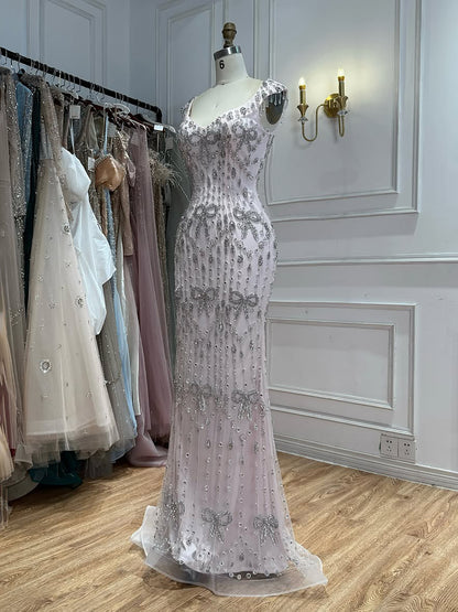 Luxury Pink Crystal Tassel Beaded Bow Mermaid Evening Dress LA73696A SERENE HILL