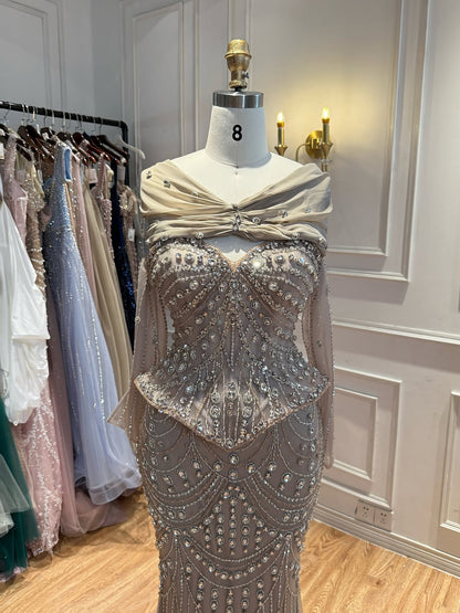 Luxury Nude Crystal Beaded Mermaid Off Shoulder Evening Dress LA73686A SERENE HILL