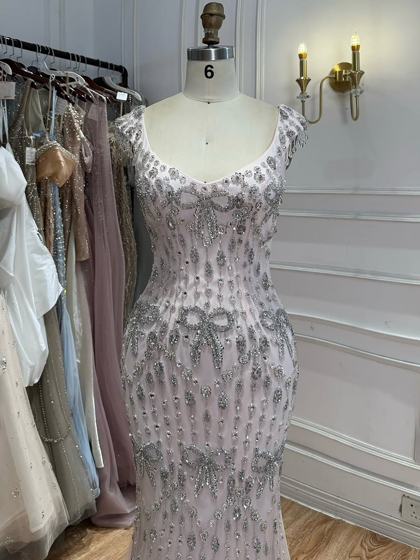 Luxury Pink Crystal Tassel Beaded Bow Mermaid Evening Dress LA73696A SERENE HILL
