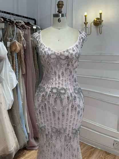 Luxury Pink Crystal Tassel Beaded Bow Mermaid Evening Dress LA73696A SERENE HILL