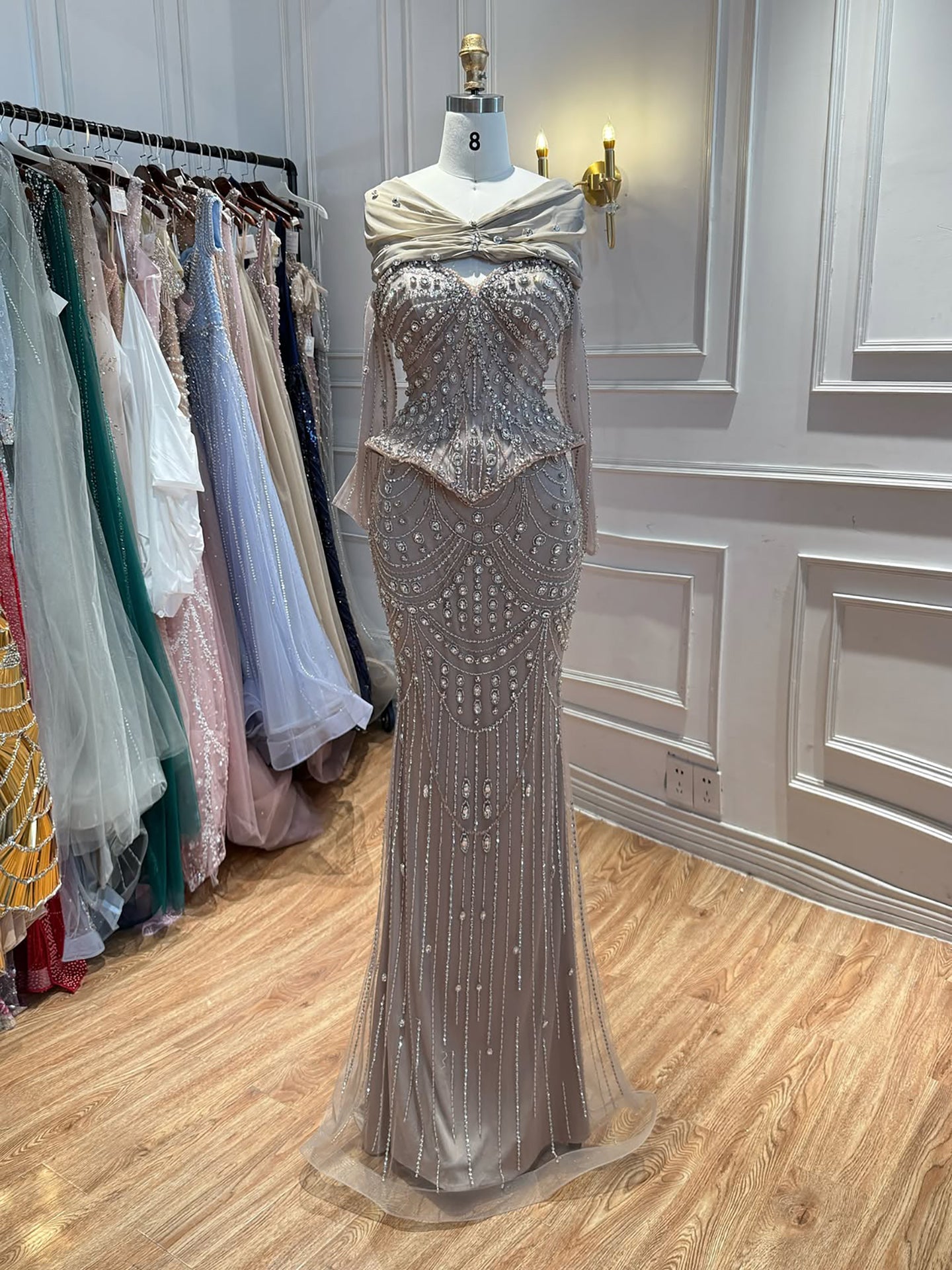 Luxury Nude Crystal Beaded Mermaid Off Shoulder Evening Dress LA73686A SERENE HILL