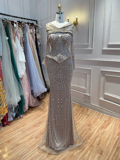 Luxury Nude Crystal Beaded Mermaid Off Shoulder Evening Dress LA73686A SERENE HILL