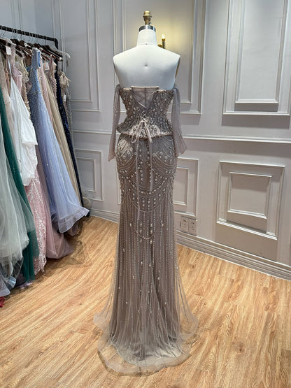 Luxury Nude Crystal Beaded Mermaid Off Shoulder Evening Dress LA73686A SERENE HILL