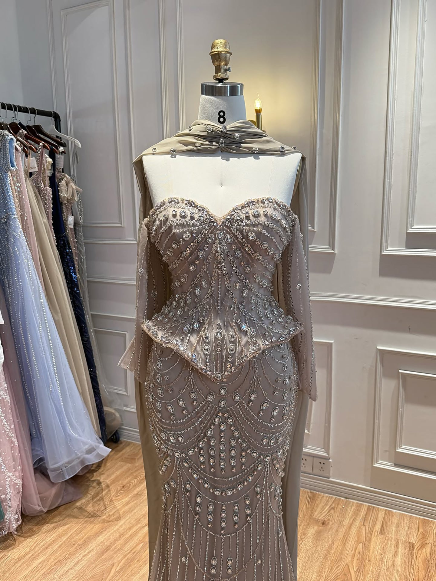Luxury Nude Crystal Beaded Mermaid Off Shoulder Evening Dress LA73686A SERENE HILL