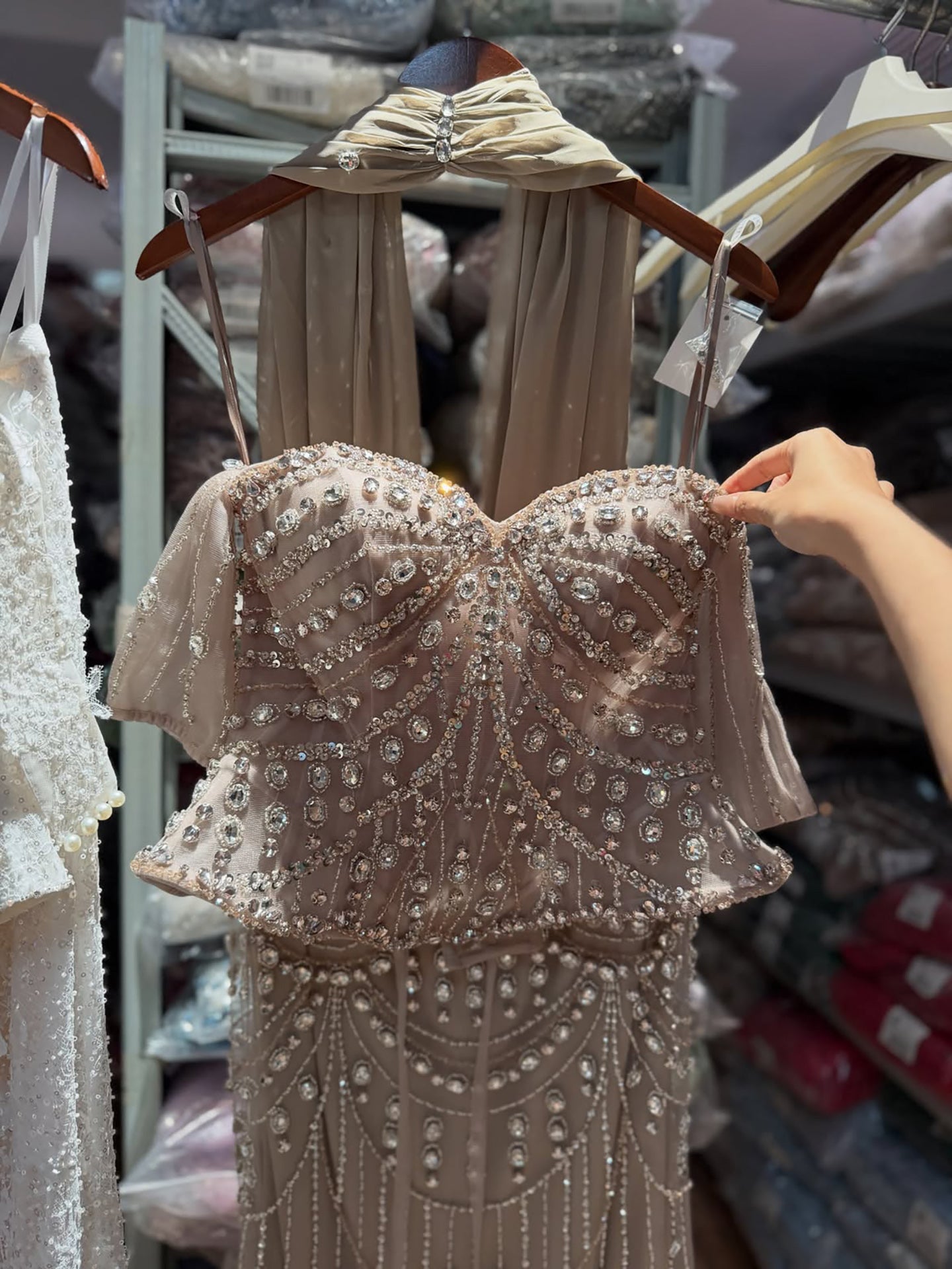Luxury Caramel Crystal Beaded Mermaid Off Shoulder Evening Dress LA73686A SERENE HILL