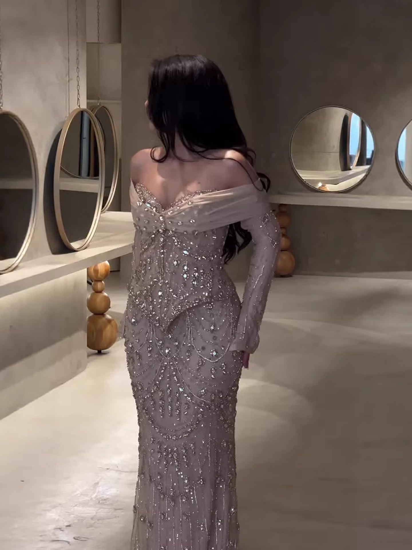 Luxury Nude Crystal Beaded Mermaid Off Shoulder Evening Dress LA73686A