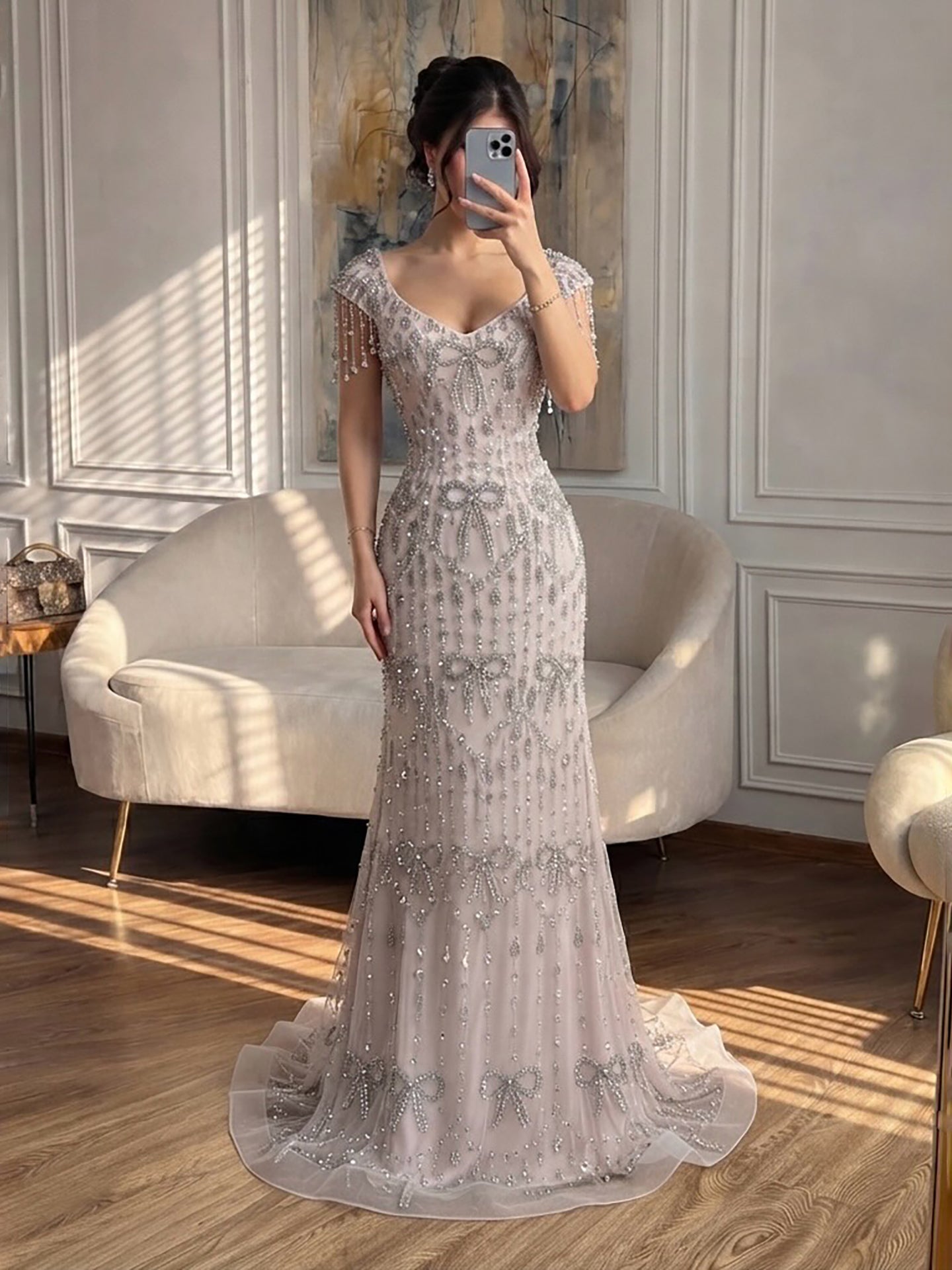 Luxury Pink Crystal Tassel Beaded Bow Mermaid Evening Dress LA73696A SERENE HILL