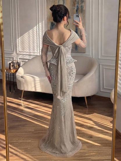 Luxury Caramel Crystal Beaded Mermaid Off Shoulder Evening Dress LA73686A SERENE HILL