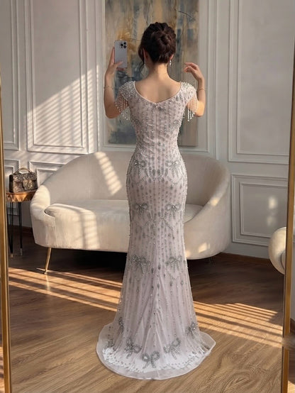 Luxury Pink Crystal Tassel Beaded Bow Mermaid Evening Dress LA73696A SERENE HILL