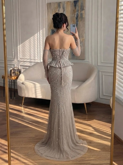 Luxury Caramel Crystal Beaded Mermaid Off Shoulder Evening Dress LA73686A SERENE HILL