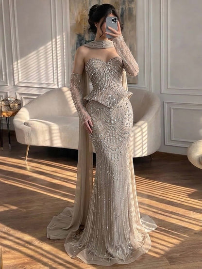 Luxury Caramel Crystal Beaded Mermaid Off Shoulder Evening Dress LA73686A SERENE HILL