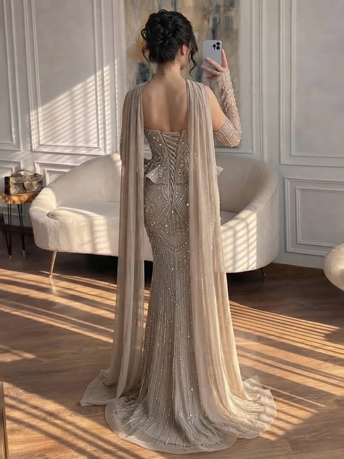 Luxury Caramel Crystal Beaded Mermaid Off Shoulder Evening Dress LA73686A SERENE HILL