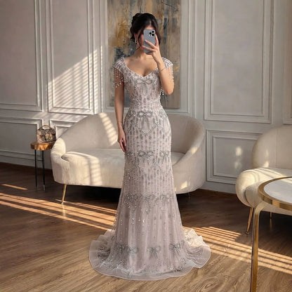 Luxury Pink Crystal Tassel Beaded Bow Mermaid Evening Dress LA73696A SERENE HILL