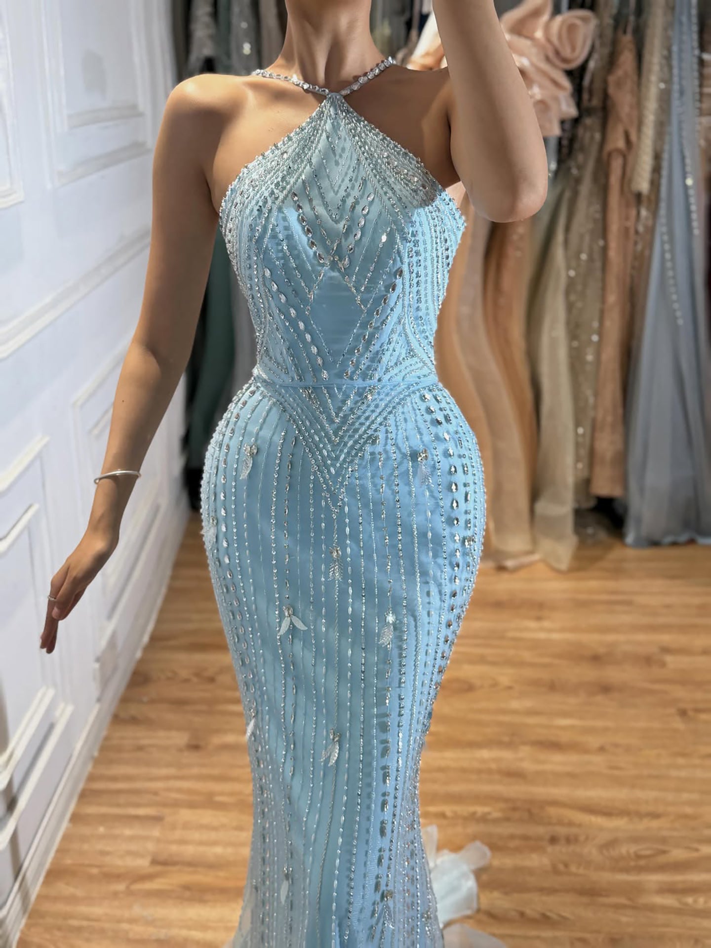 Luxury Gold Halter Crystal Mermaid Evening Dress LA73687 SERENE HILL