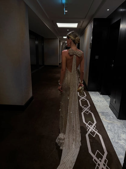 Luxury Gold Halter Crystal Mermaid Evening Dress LA73687 - SERENE  HILL