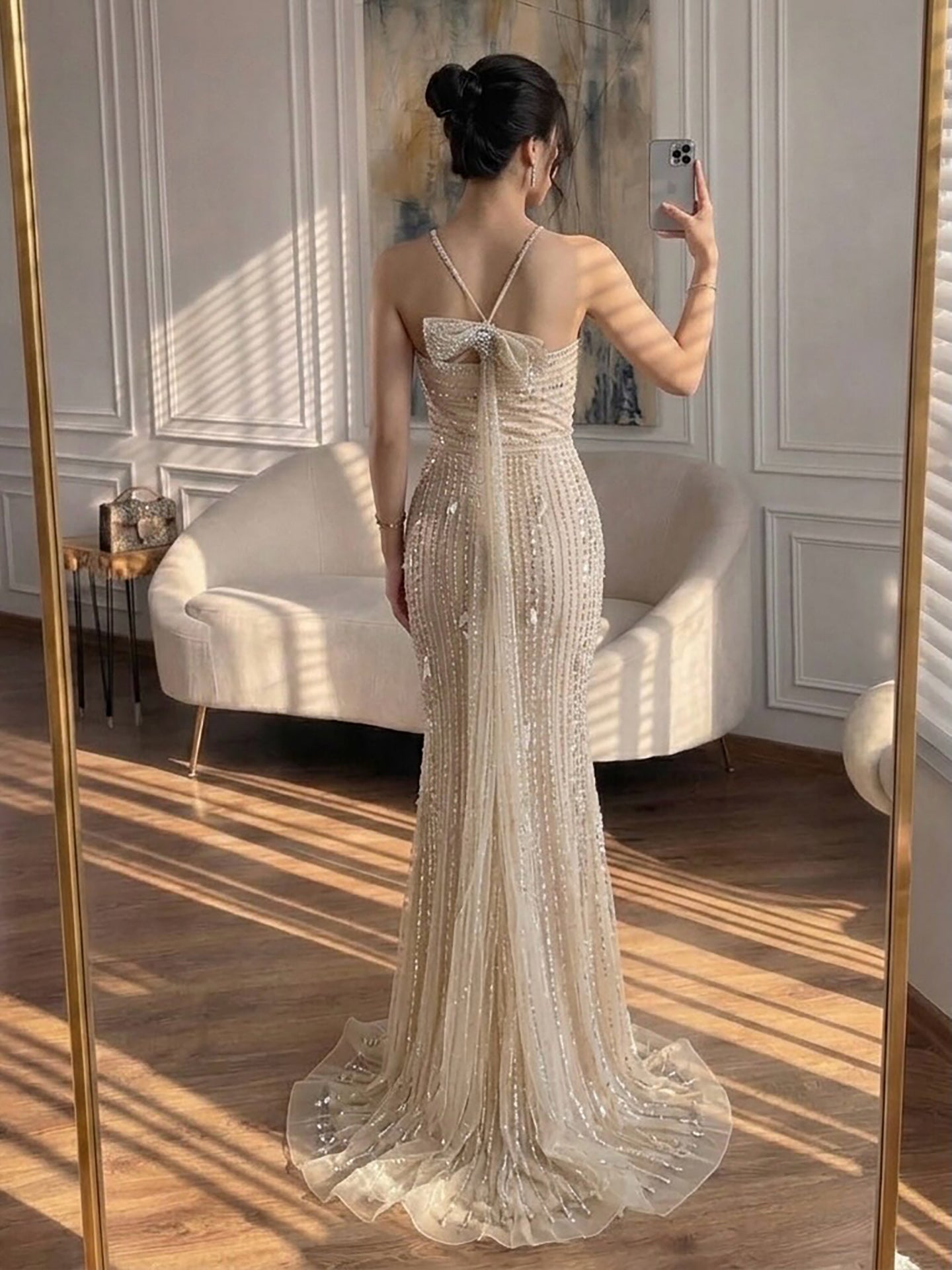 Luxury Gold Halter Crystal Mermaid Evening Dress LA73687 SERENE HILL