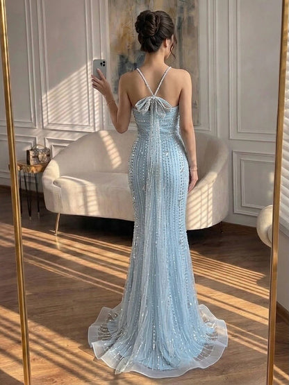 Luxury Gold Halter Crystal Mermaid Evening Dress LA73687 SERENE HILL