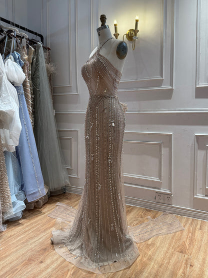 Luxury Nude Halter Crystal Beaded Mermaid Dress With Bow Back LA73687A SERENE HILL