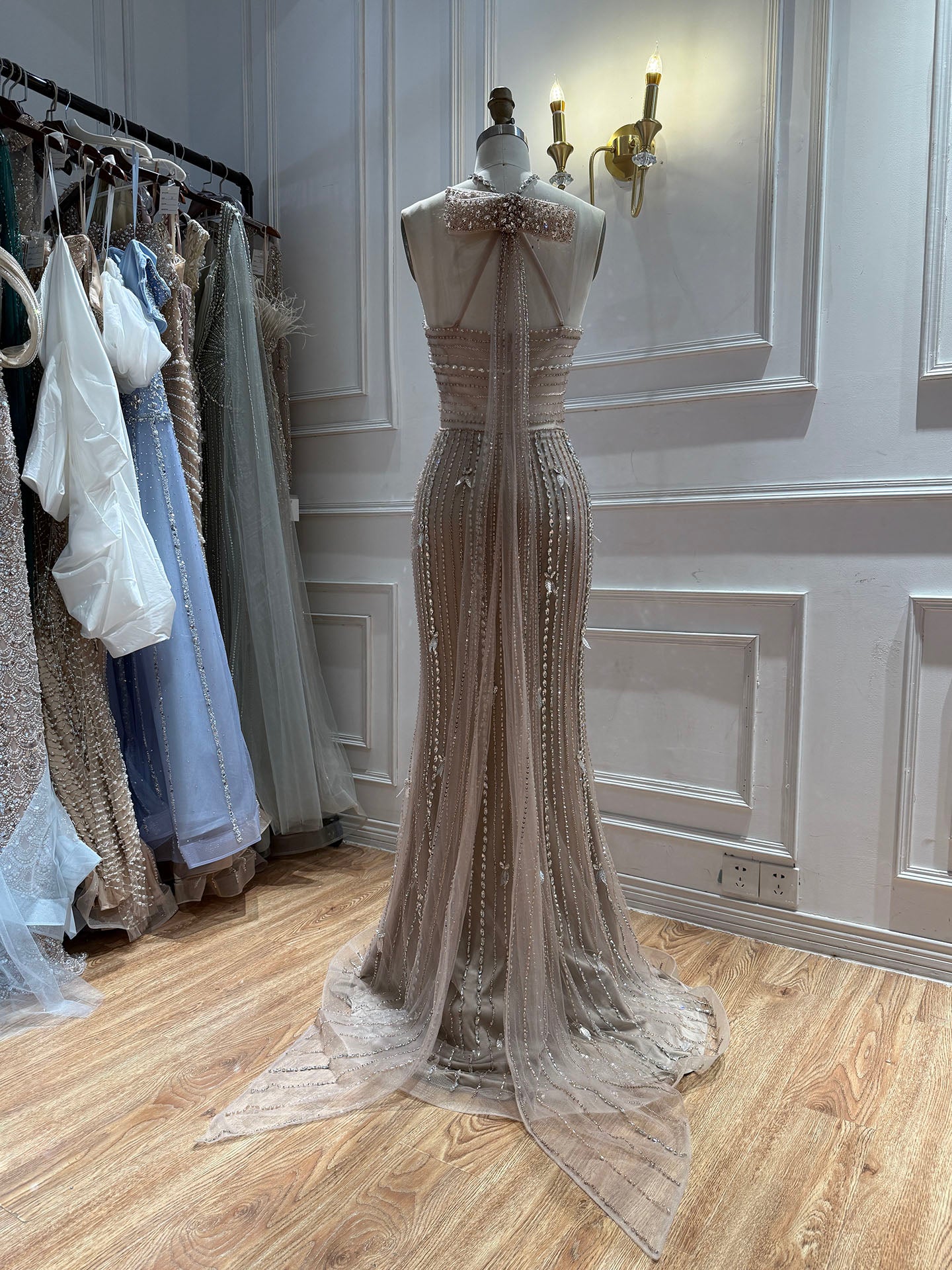 Luxury Nude Halter Crystal Beaded Mermaid Dress With Bow Back LA73687A SERENE HILL