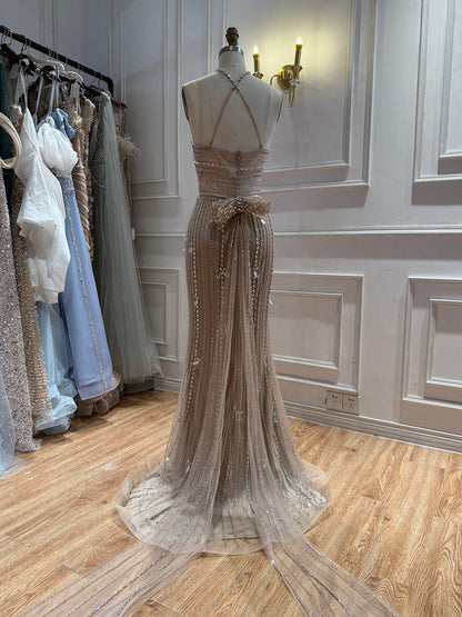 Luxury Nude Halter Crystal Beaded Mermaid Dress With Bow Back LA73687A SERENE HILL