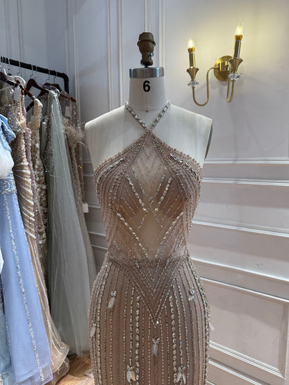 Luxury Nude Halter Crystal Beaded Mermaid Dress With Bow Back LA73687A SERENE HILL