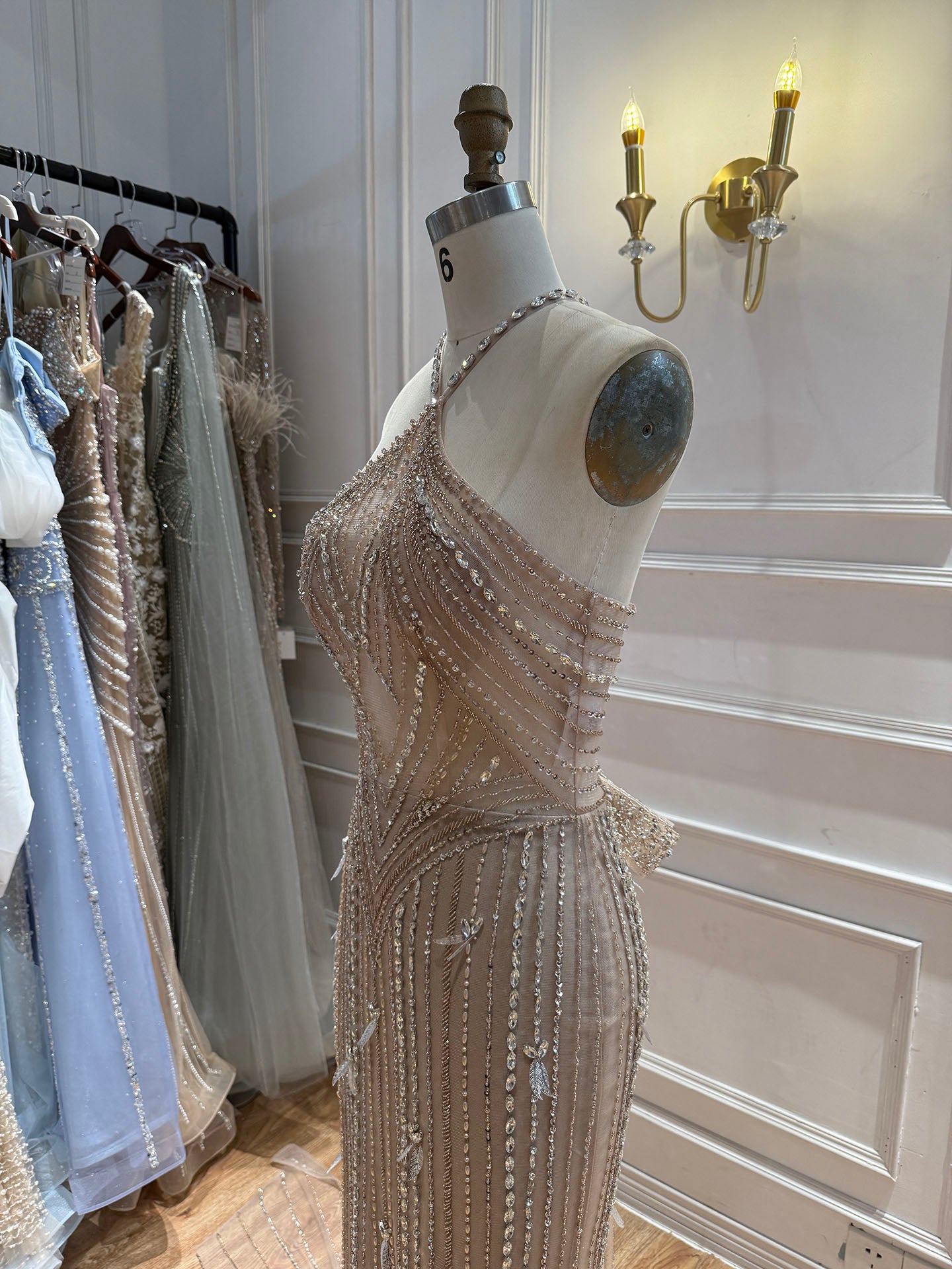 Luxury Nude Halter Crystal Beaded Mermaid Dress With Bow Back LA73687A SERENE HILL
