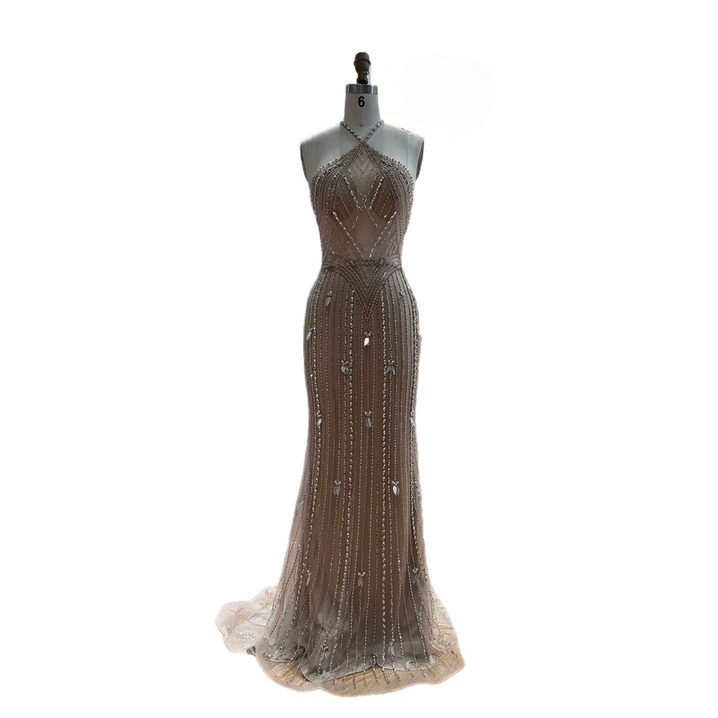 Luxury Nude Halter Crystal Beaded Mermaid Dress With Bow Back LA73687A SERENE HILL